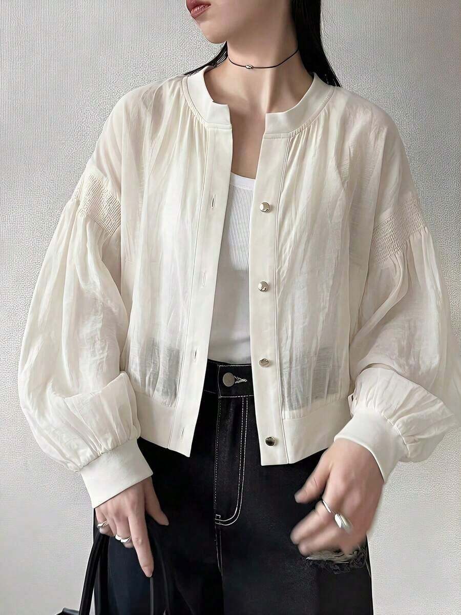 Chaqueta casual y holgada de mujer con decoración de botones metálicos, versátil para primavera y verano - Beis - Ver 1
