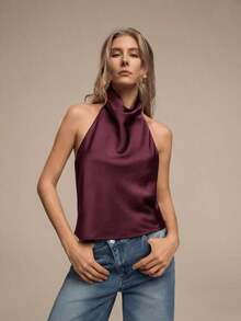 Blusa de mujer de unicolor y sexy con escote halter y espalda descubierta, adecuada para citas y fiestas en verano, color negro - Burdeos - Ver 6