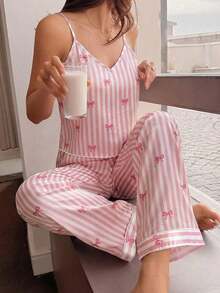 Conjunto de pijama de mujer con pajarita y top de camisola con estampado de rayas de seda sintética y pantalones - Rosa - Ver 5