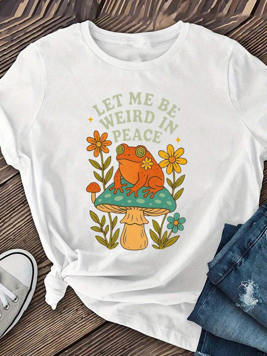 Women's Short Sleeve T-Shirts With Frog Print In Painting Style, Casual Round Neck Tops For Spring And Summer, Printed Round Neck T-Shirts, Casual Short Sleeve T-Shirts, Short Sleeve Round Neck T-Shirts Size S - 白色 - 查看 1
