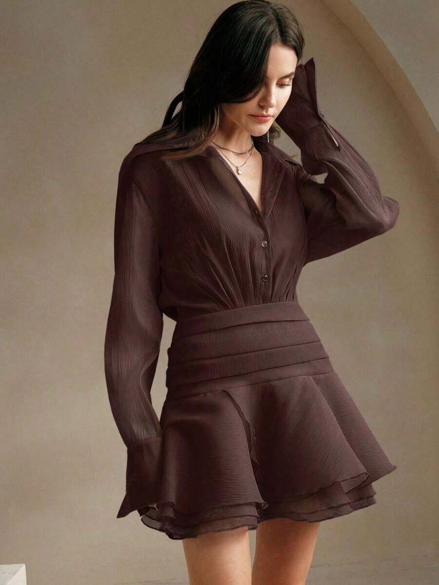 Vestido de camisa holgado con dobladillo de volantes, cintura ceñida y vestido esponjoso de organza, estilo europeo y americano, para mujer - Marrón - Ver 1