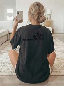 Summer Tops[Double-Sided Print] Women's T-Shirt, Short-Sleeved Round-Neck Casual Top, Featuring A Tractor Graphic With The Text "Thank A Farmer." Mach - 黑色 - 查看 3