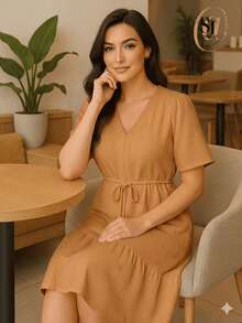 Women's Short Dress With Ruffles, Casual, Duna Style, Short Sleeve, Midi Length, Party Style, Evangelical Fashion, Elastic Waistband. - Caramel Brown - View 6