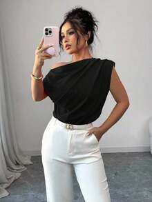 Blusa de unicolor con cuello asimétrico y plisado a la moda para mujeres - Negro - Ver 1