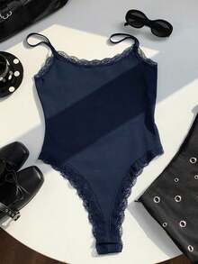 Body de encaje con parches, versátil para uso diario casual de mujer - Azul marino - Ver 3