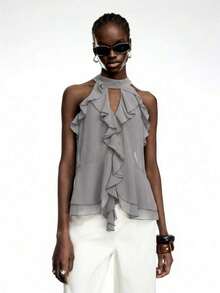 Elegant Solid Color Halter Top With Ruffles For Women - Gray - View 12