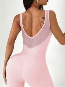Mono de mujer negro de ropa deportiva, diseño de cintura alta, cuello en U y espalda en U, adecuado para uso diario casual, gimnasio, yoga, correr, primavera/verano - Rosa - Ver 3