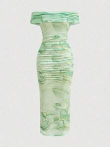Vestido largo de corte ajustado para cita romántica de mujer, vestido estampado de malla con hombros descubiertos - Verde - Ver 1