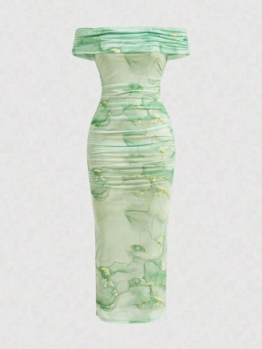 Vestido largo de corte ajustado para cita romántica de mujer, vestido estampado de malla con hombros descubiertos - Verde - Ver 1