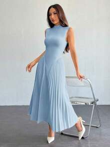 Vestido ajustado de línea A con pliegues elegante para mujer - Celeste - Ver 3
