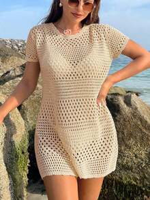 Conjunto de ropa de verano para mujer - Cubierta de playa de unicolor con cortes huecos, estilo de vacaciones de verano - Albaricoque - Ver 5