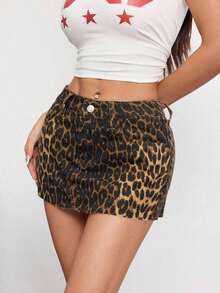 Minifalda de jean con estampado de leopardo para mujer, estilo de verano - Marrón - Ver 4
