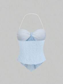 Top corto de verano para mujer con cuello halter y nudo delantero en unicolor, estilo Y2K - Azul - Ver 2