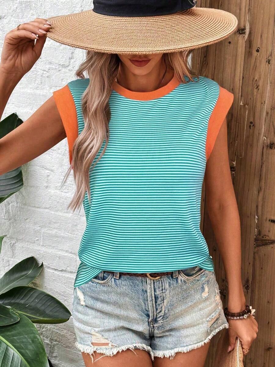 Camiseta casual de mujer con bloques de color y rayas, de verano - Multicolor - Ver 1