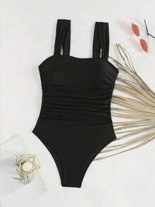 Swim Basics Women's Minimalist One-Piece Swimsuit With Ruched Straps, Solid Color, Boho Festival Style - Black - View 1