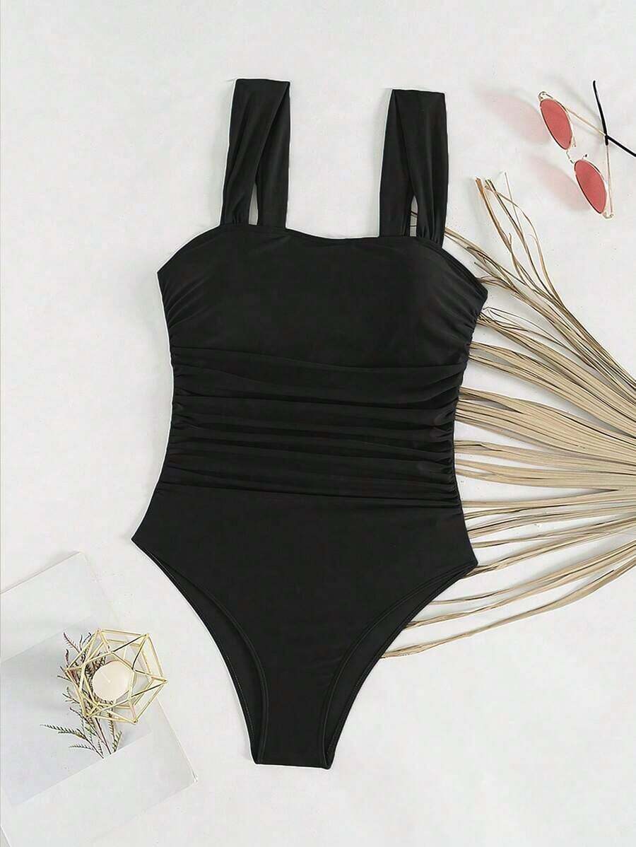 Swim Basics Women's Minimalist One-Piece Swimsuit With Ruched Straps, Solid Color, Boho Festival Style - Black - View 1
