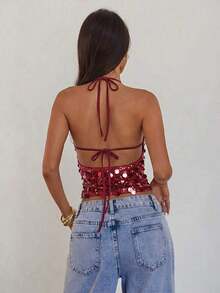 Nuevo camisol de tirantes finos con espalda descubierta y lentejuelas rosas para mujer, elegante y sexy, ideal para el Día de San Valentín, fiestas y viajes - Burdeos - Ver 2
