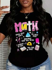 1 Women's Math Teacher Gift T-Shirt, Funny Math Lover T-Shirt With Calculator, Protractor And Geometric Symbols, Pink And Yellow Design, Casual Wear, 180g, 100% Cotton. - 黑色 - 查看 3