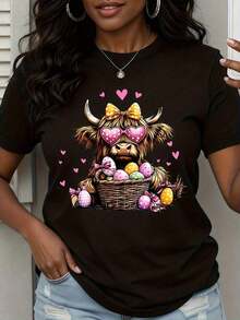1 Piece Women's Easter Highland Cow Print T-Shirt With Heart Glasses And Easter Egg Basket, Cute Spring Animal Print Graphic Tee, Fun Festive T-Shirt, 180g 100% Cotton - 黑色 - 查看 8