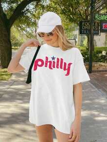 1 Piece Of Vintage Philadelphia Baseball T-Shirt, Relaxed Fit, Women's Summer Clothing, 2000s Style, Printed T-Shirts, 180g, 100% Cotton. - 白色 - 查看 1