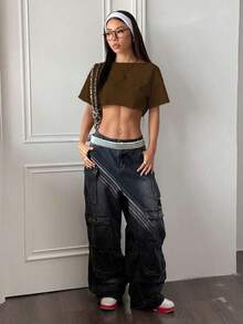 Top corto asimétrico de mujer con cuello blanco y flecos, camiseta de manga corta de moda versátil Y2K oversize y sexy, para primavera/verano - Marrón - Ver 3