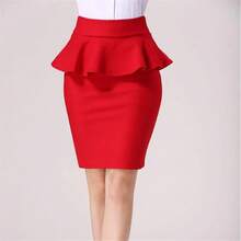 Falda lápiz de cintura alta elástica con volantes para mujer, tallas grandes - Rojo - Ver 4
