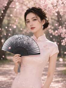中式水墨梅花摺扇，女士小扇，夏季新款中式古風旗袍漢服道具，舞扇 - 黑色 - 查看 5