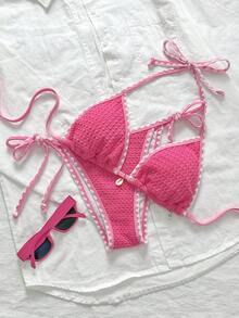 Conjunto de bikini de 2 piezas para mujer de verano con tela jacquard de unicolor, volantes en el borde y tirantes ajustables - Rosa - Ver 4