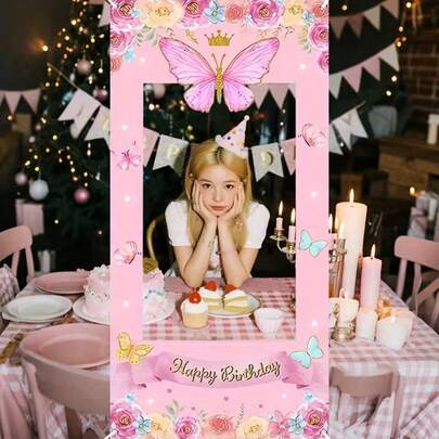 1-Piece Set, 2D Flat Pink Butterfly Birthday Party Background Decoration Banner, Made Of Polyester Fabric, Fun Hollow Frame Banner, Floral Butterfly Design, Suitable For Birthday Party Decorations, Children's Parties, Girls' Birthday Decorations, Birthday Venue Setup, Anniversaries, Cake Table Decoration, Festive Celebrations, Party Decorations, Wall Decorations, Photo Backdrop Props, Home And Outdoor Event Background Decoration, Party Supplies And Gifts