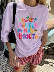 Spanish Grandma T-Shirt, Regular Fit, Latina Grandma Graphic Tee, Comfortable Short Sleeve T-Shirt With Family Slogan 2026, Casual Gift Collar, Summer White - 紫色 - 查看 1