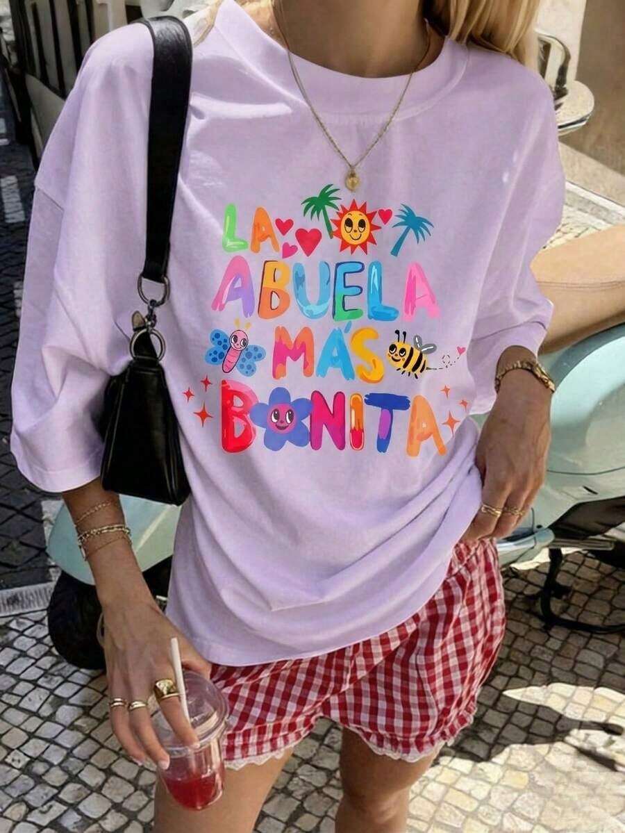Spanish Grandma T-Shirt, Regular Fit, Latina Grandma Graphic Tee, Comfortable Short Sleeve T-Shirt With Family Slogan 2026, Casual Gift Collar, Summer White - 紫色 - 查看 1
