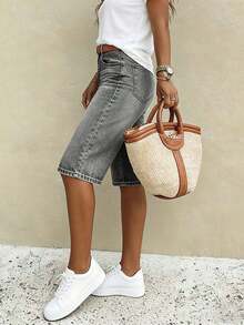 Pantalones cortos vaqueros de mujer de tiro bajo y pierna recta: ajuste holgado y elegante, pantalones cortos versátiles de pierna ancha y longitud media - Gris Oscuro - Ver 9