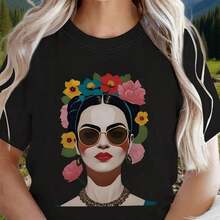 100% cotton Camiseta de Talla Grande para Mujer con Arte Folclórico Mexicano - Manga Corta, Cuello Redondo, con Retratos de Artistas Folclóricos y Estampado Bohemio, Lavable a Máquina, Ropa Casual para Festivales, Vestimenta Cultural - Negro - Ver 1