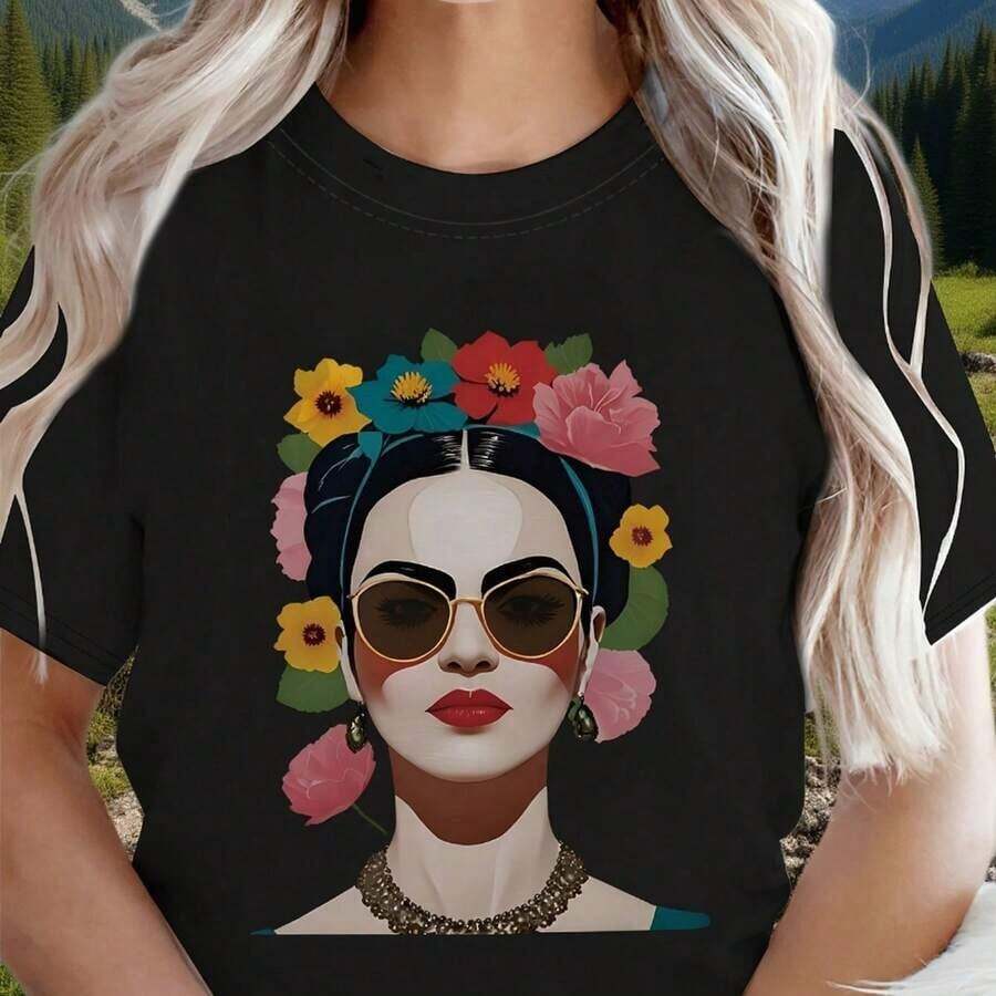100% cotton Camiseta de Talla Grande para Mujer con Arte Folclórico Mexicano - Manga Corta, Cuello Redondo, con Retratos de Artistas Folclóricos y Estampado Bohemio, Lavable a Máquina, Ropa Casual para Festivales, Vestimenta Cultural - Negro - Ver 1