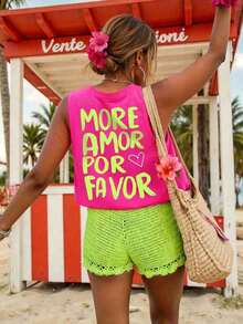 Blusa de ajuste regular casual con estampado, sin mangas para mujer - Rosa Fucsia 2 - Ver 3