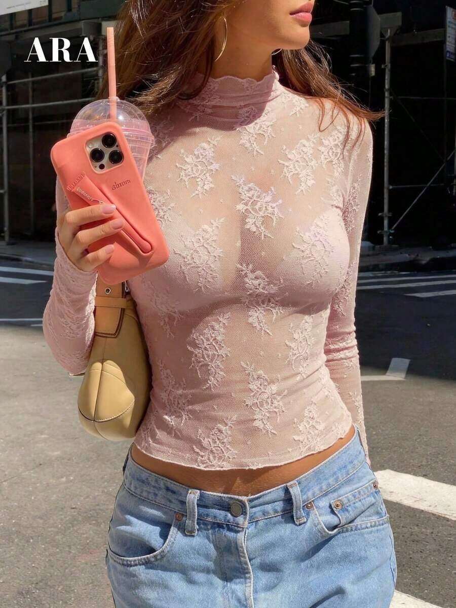 Blusa negra sexy de manga larga con encaje elástico para mujer , con cuello alto, patrón floral transparente, elegante y con capas, ideal para primavera-verano, resort y citas - Rosa - Ver 1