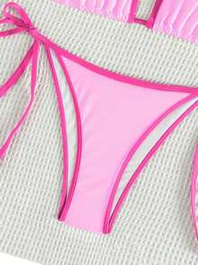 Conjunto de bikini sexy de cuello halter y lazo para mujer en bloque de color para vacaciones, playa de verano - Rosa - Ver 5