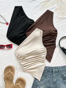 3 piezas Conjunto informal de verano de 2 piezas para mujer con parte superior de hombro asimétrico y bajo asimétrico, adecuado para volver al colegio, té de la tarde, casual, invitada a boda en la playa, brunch de graduación, Día de San Patricio, - Multicolor 10 - Ver 7