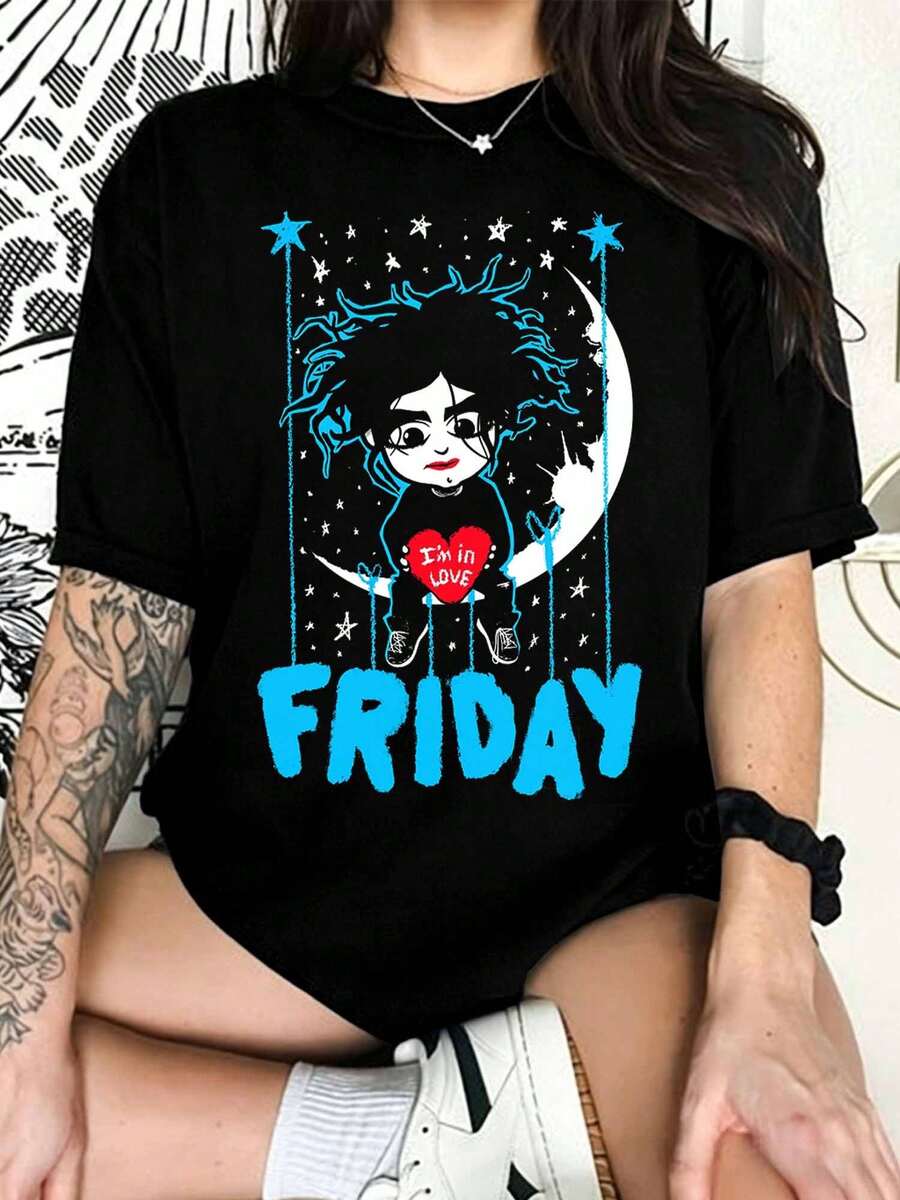Chibi The Cure Friday I'm In Love Graphic T-Shirt, Goth Rock Fan Tee - Black - View 1
