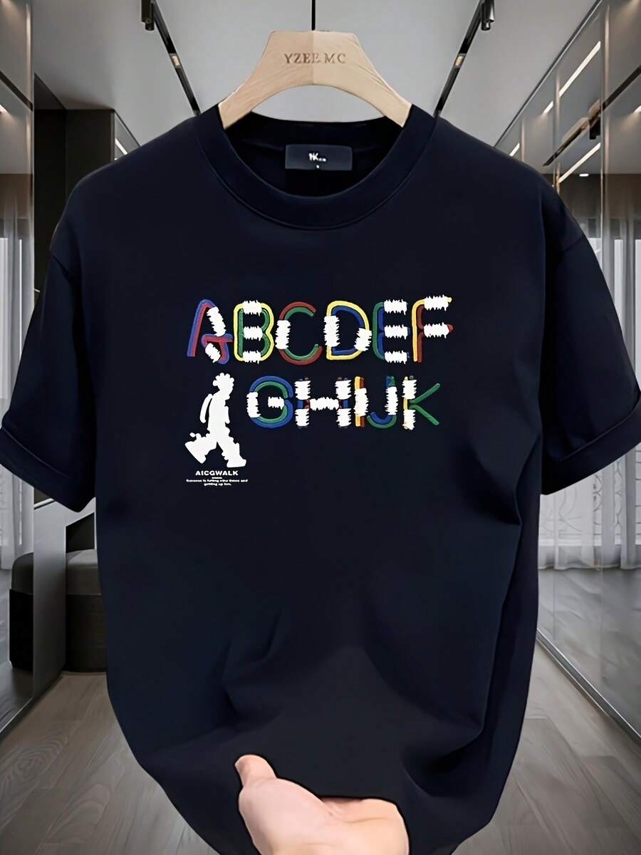 Camiseta de manga corta para hombres de impresión moderna y pesada, nuevo estilo casual de verano, ajuste holgado, top versátil en tallas grandes - Negro - Ver 1
