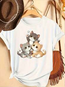 Women's Short-Sleeved Crew Neck T-Shirt With A Print, Made From Pure Cotton. The Classic, Minimalist Crew Neck Is Versatile And Flattering For All Body Types. Perfect For Dates, Commuting, And Casual Outings. - White - View 1