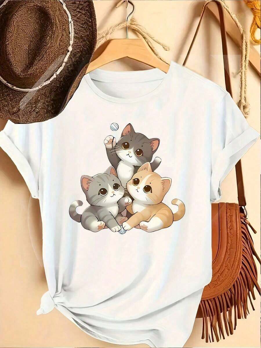 Women's Short-Sleeved Crew Neck T-Shirt With A Print, Made From Pure Cotton. The Classic, Minimalist Crew Neck Is Versatile And Flattering For All Body Types. Perfect For Dates, Commuting, And Casual Outings. - White - View 1