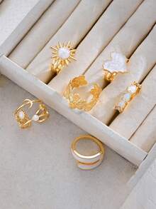 6pcs Minimalist Solid Color Personalized INS Style Drip Oil Heart Flower Asymmetric Ring Set, Suitable For Parties, Vacations, Gifts, Daily Wear - Multicolor - View 3