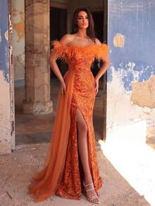 Faeriesty Đầm dạ hội maxi trễ vai xẻ cao màu cam lấp lánh dành cho nữ, thích hợp cho các bữa tiệc, dịp trang trọng, kỳ nghỉ và đám cưới. - trái cam - Xem 3