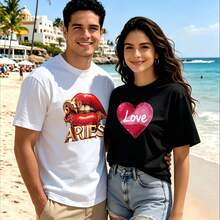 2-Piece Couple Matching Pattern T-Shirt, 100% Cotton, Loose Fit, Soft And Breathable, Casual Round Neck Short Sleeved Top Game Day Football Dog Mascot Versatile Patterns No Picky Combinations Coordinated Dating Casual Travel Simple And Cartoonish Printing Styles High Cost-Effectiveness Couple Lovers - 白色 - 查看 1