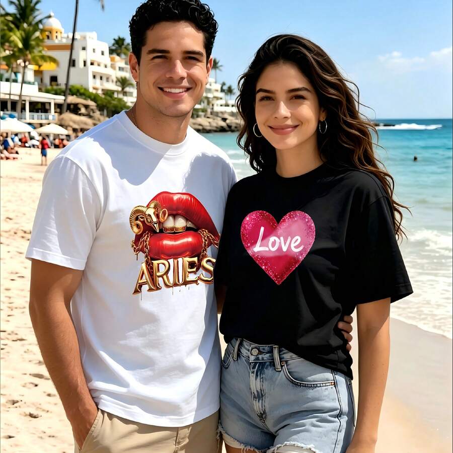 2-Piece Couple Matching Pattern T-Shirt, 100% Cotton, Loose Fit, Soft And Breathable, Casual Round Neck Short Sleeved Top Game Day Football Dog Mascot Versatile Patterns No Picky Combinations Coordinated Dating Casual Travel Simple And Cartoonish Printing Styles High Cost-Effectiveness Couple Lovers - 白色 - 查看 1