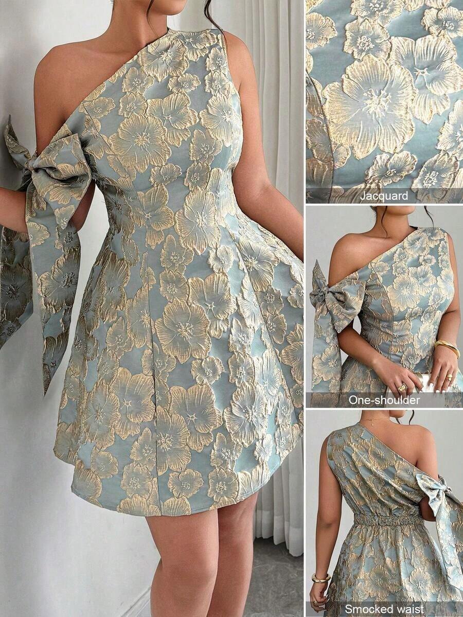Vestido mini asimétrico de hombro con cintura recogida, decoración de lazo y tela jacquard, elegante para fiesta/cita, primavera/verano - Verde - Ver 1