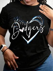 1 pieza de camiseta para mujer con diseño de corazón de los Dodgers, estampado de béisbol, suave y cómoda, 180g, 100% algodón suave. - Negro - Ver 2