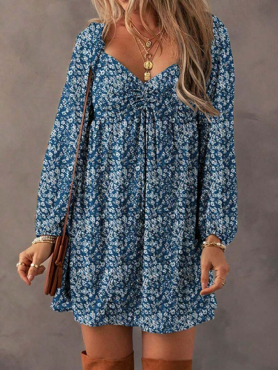 Acelitt Vestido de manga farol con frente fruncido y parches con estampado floral diminuto, elegante para vacaciones de primavera - Agua verde azul - Ver 1
