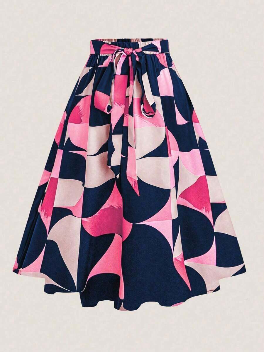 Falda midi de mujer talla grande con elegante estampado geométrico - Multicolor - Ver 1
